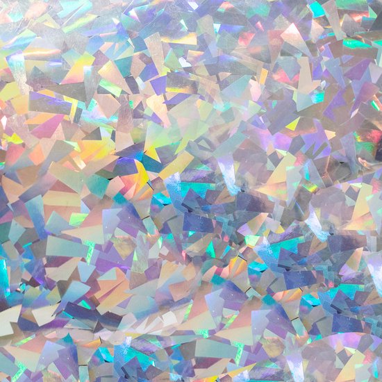 Abstract patroon van holografische, glinsterende fragmenten in zilver, blauw en roze.