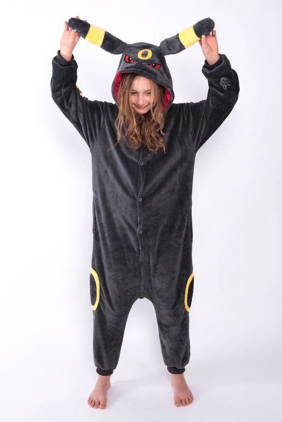 KIMU® Onesie Umbreon Pak - Maat S-M of 158-164 - Zwart Kostuum Jumpsuit Huispak Pyjama Monster Vos Konijn Hond Kat Fantasy Dames Heren Volwassenen Festival