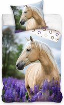 Paarden dekbedovertrek , beige Paard- witte Manen-140x200cm , 100% katoen- 1 persoons- dekbed- slaapkamer