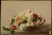 Kunst: Bowl of roses on a marble table 1885 van Henri Fantin-Latour. Schilderij op aluminium, formaat is 30X45 CM