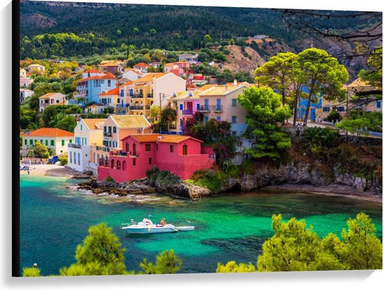 Canvas  - Gekleurde Huisjes aan het Water in Kefalonia, Greece - 100x75cm Foto op Canvas Schilderij (Wanddecoratie op Canvas)