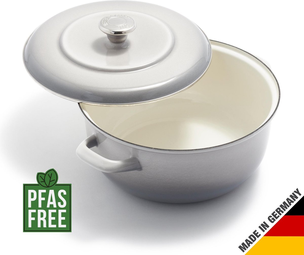 Merten & Storck Braadpan 26 cm - 5L - PFAS-vrije baklaag - Braadpan inductie - Ovenbestendig tot 315°C - Vaatwasserbestendig - Gietijzer - Handgemaakt - Grijs