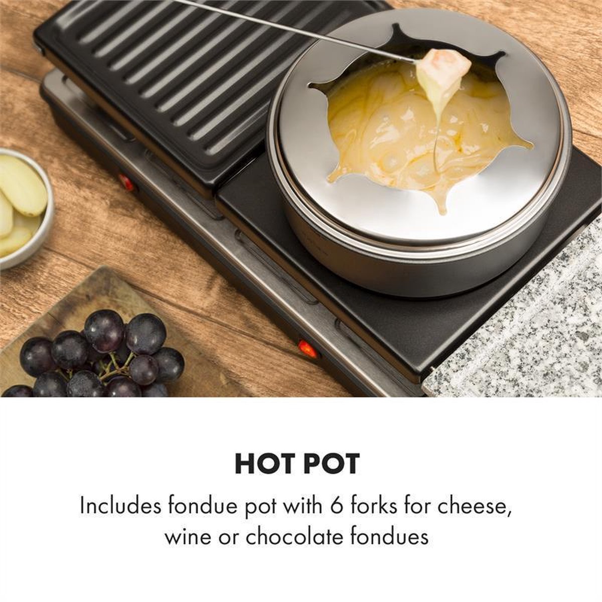 Klarstein Fonduelette XL - Gourmetstel - raclette-grill en fondue 1650W - metalen grillplaat, natuurstenen plaat en crêpesplaat - voor 12 personen – foto 3
