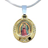 Edelstaal Maria hanger goudkleurig, Amulet, rondomheen gezet met strass
