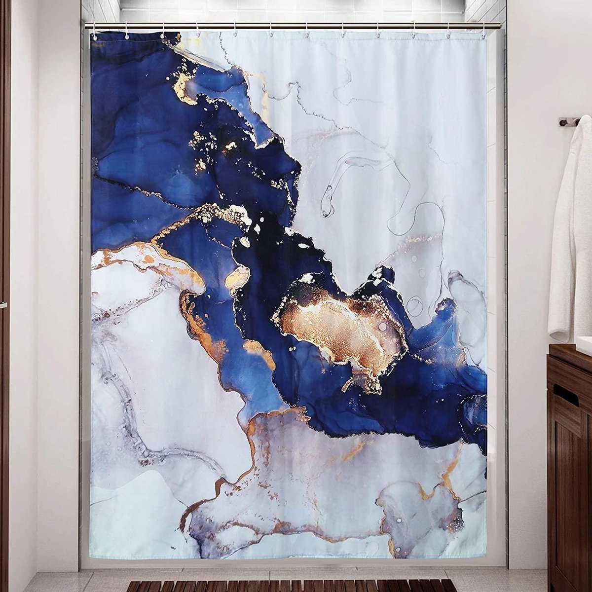 Ulticool Douchegordijn - Marmer Goud Abstract Kunst - 180 x 200 cm - semi Transparant - met 12 Ringen Wit - anti Schimmel - Blauw