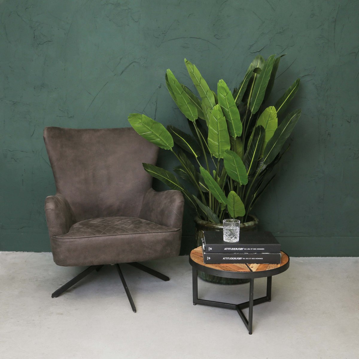 PTMD reily green pu fauteuil draaiend groen (KAKI) stof met zwart onderstel