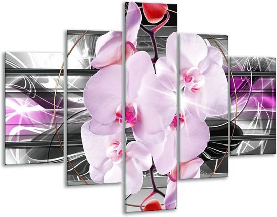 Glasschilderij -  Orchidee, Bloemen - Grijs, Paars - 100x70cm 5Luik - Geen Acrylglas Schilderij - GroepArt 6000+ Glasschilderijen Collectie - Wanddecoratie- Foto Op Glas