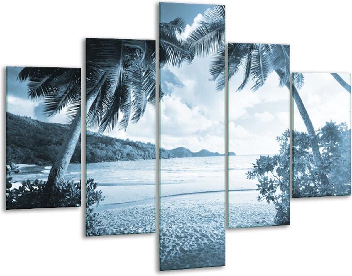 Glasschilderij - Zee, Strand - Blauw - 100x70cm 5Luik - Geen Acrylglas Schilderij - GroepA