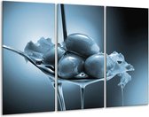 Glasschilderij Olijven, Keuken - Blauw, Grijs - 120x80cm 3Luik - Foto Op Glas - Geen Acrylglas Schilderij - GroepArt 6000+ Glas Art Collectie - Maatwerk Mogelijk
