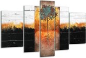Glasschilderij Boom - Oranje, Zwart, Wit - 170x100cm 5Luik - Foto Op Glas - Geen Acrylglas Schilderij - 6000+ Glasschilderijen Collectie - Wanddecoratie