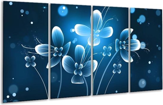 GroepArt - Glasschilderij - Bloem - Blauw, Wit - 160x80cm 4Luik - Foto Op Glas - Geen Acrylglas Schilderij - 6000+ Glasschilderijen Collectie - Wanddecoratie