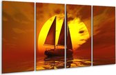 GroepArt - Glasschilderij - Zeilboot - Geel, Rood, Bruin - 160x80cm 4Luik - Foto Op Glas - Geen Acrylglas Schilderij - 6000+ Glasschilderijen Collectie - Wanddecoratie