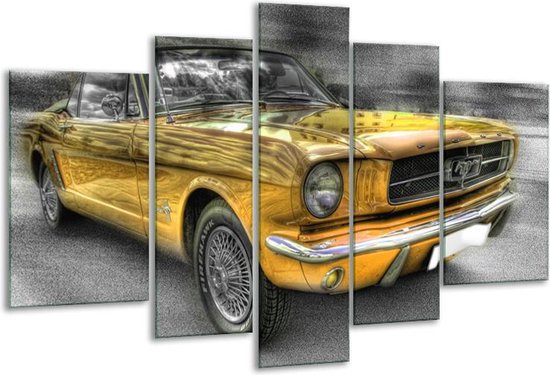 Glasschilderij Mustang - Zwart, Grijs, Geel - 170x100cm 5Luik - Foto Op Glas - Geen Acrylglas Schilderij - 6000+ Glasschilderijen Collectie - Wanddecoratie