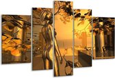 Glasschilderij Abstract - Goud, Geel, Bruin - 170x100cm 5Luik - Foto Op Glas - Geen Acrylglas Schilderij - 6000+ Glasschilderijen Collectie - Wanddecoratie