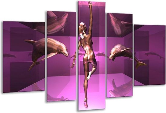 Glasschilderij Dolfijn - Roze, Goud, Bruin - 170x100cm 5Luik - Foto Op Glas - Geen Acrylglas Schilderij - 6000+ Glasschilderijen Collectie - Wanddecoratie