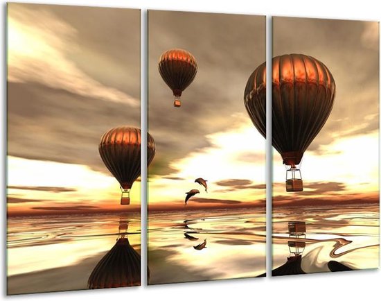 Glasschilderij Luchtballon - Grijs, Bruin, Wit - 120x80cm 3Luik - Foto Op Glas - Geen Acrylglas Schilderij - GroepArt 6000+ Glas Art Collectie - Maatwerk Mogelijk