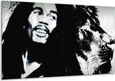 Glasschilderij Bob Marley - Zwart, Wit - 120x70cm 1Luik - Foto Op Glas - Geen Acrylglas Schilderij - GroepArt 6000+ Glasschilderijen Art Collectie - Wanddecoratie - Woonkamer - Slaapkamer