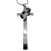 Edelstaal zilverkleur hanger lang kruis met bijbelse tekst midden 1 ring in antraciet grijs kleur.