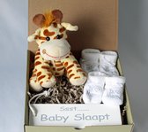 Minibox Girafje, babyslofjes I love mama en I love papa, kraam cadeau, cadeau baby