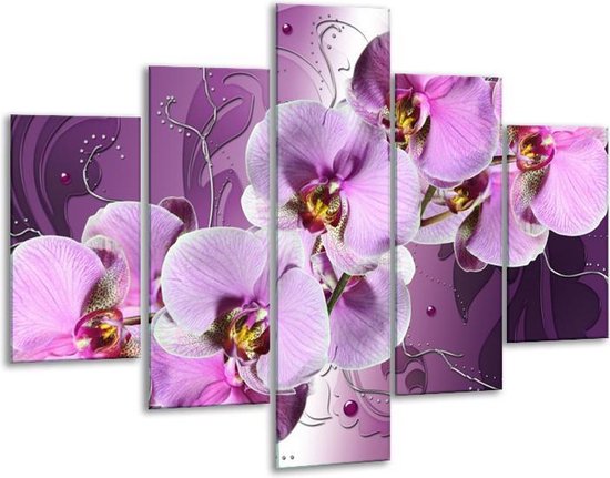 Glasschilderij -  Orchidee - Paars - 100x70cm 5Luik - Geen Acrylglas Schilderij - GroepArt 6000+ Glasschilderijen Collectie - Wanddecoratie- Foto Op Glas