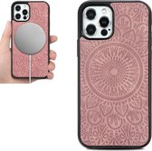 Mandala reliëfpatroon PU lederen huid magnetische patch TPU schokbestendig Magsafe-hoesje voor iPhone 12 mini (roze)