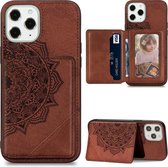 Voor iPhone 12 Pro Max Mandala reliëf magnetisch stoffen hoesje met houder & kaartsleuven & portemonnee & fotolijst (bruin)