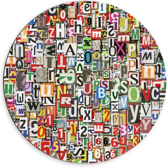 Dibond Wandcirkel - Collage van Letters - 60x60cm Foto op Aluminium Wandcirkel (met ophangsysteem)