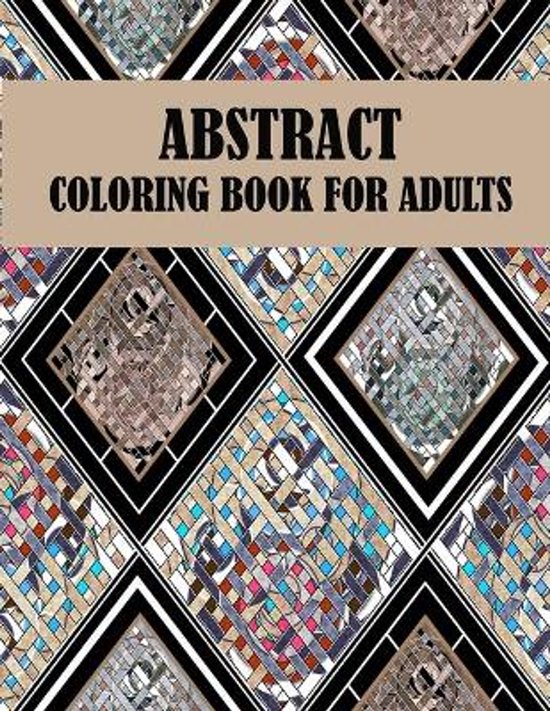 Livre de coloriage pour adultes à motif losanges abstrait en noir, beige et bleu, avec le texte 'Abstract Coloring Book For Adults'.