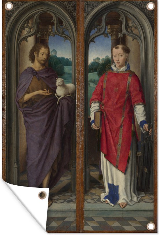 Tuindecoratie Johannes de doper en Sint Lawrence - Schilderij van Hans Memling - 40x60 cm - Tuinposter - Tuindoek - Buitenposter