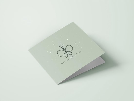 Lichtgroene kaart met een vlinderillustratie en de tekst 'Welkom lieve baby'.