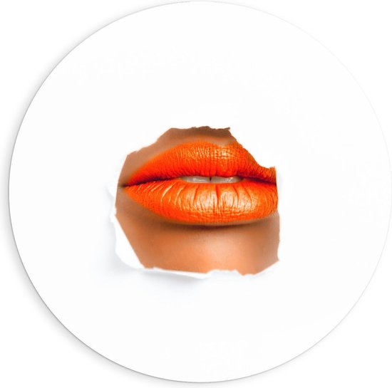 Forex Wandcirkel - Oranje gesloten Lippen door Papier - 90x90cm Foto op Wandcirkel (met ophangsysteem)