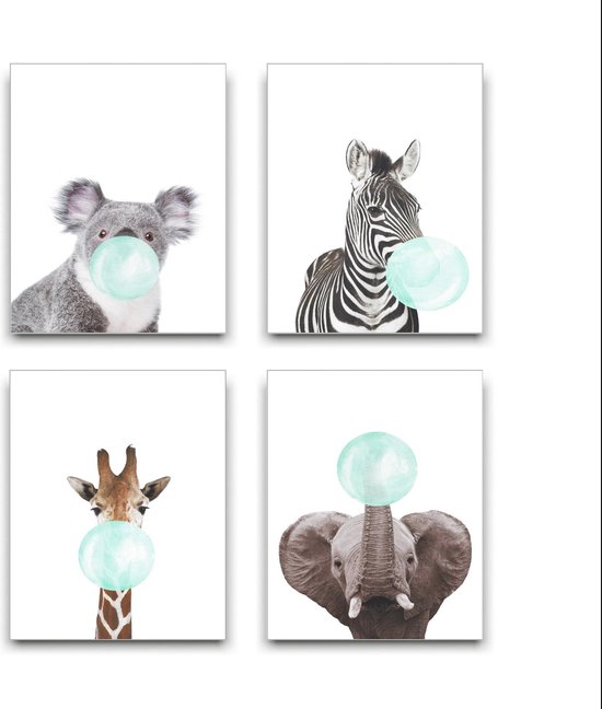 Schilderij  Set 4 Zebra Giraf Koala Olifant met Groene Kauwgom - Kinderkamer - Dieren Schilderij - Babykamer / Kinder Schilderij - Babyshower Cadeau - Muurdecoratie - 30x20cm - FramedCity