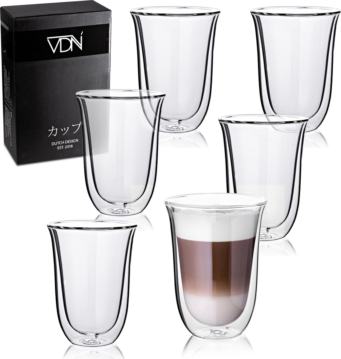VDN Dubbelwandige Koffieglazen Theeglazen - 300 ML koffietassen - Set Van 6 Handgeblazen Cappuccino Latte Macchiato Glazen Dubbelwandig