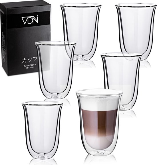 VDN Dubbelwandige Koffieglazen & Theeglazen - 300 ML - Set Van 6 Handgeblazen Latte Macchiato Glazen
