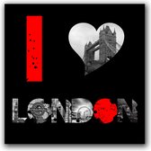 Tuinposter - Stad / Londen - Collage London in rood / wit / zwart / grijs - 100 x 100 cm.