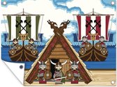 Tuinposter - Tuindoek - Tuinposters buiten - Kinderillustratie van Vikingen in schepen en voor hut - 120x90 cm - Tuin