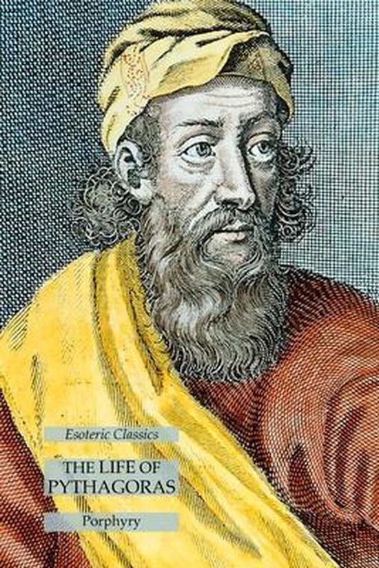 Illustratie van Pythagoras met baard, tulband en gele mantel. Titel: Esoteric Classics The Life of Pythagoras Porphyry.