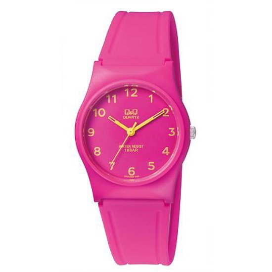 Q&Q VP34J069Y - Horloge - Sport - Analoog - Unisex - Plastic band - Rond - Cijfers - Kunststof - Roze - Geel