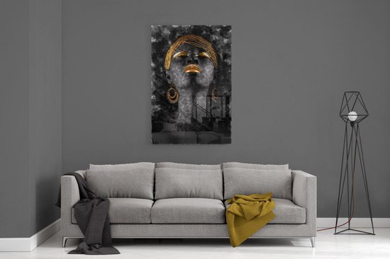Insigne Glazen Schilderij - Afrikaanse Vrouw -  Zwart - Goud - Glasschilderij - 72x46 cm - 4 mm