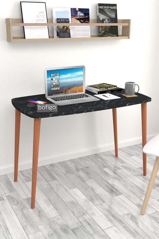 Pochon Home - Bureau met Houten Poten - Zwart/Marmer - 60x105 cm - Tafel - Computerbureau - Laptoptafel - Bureautafel voor Volwassenen - Pochon Home