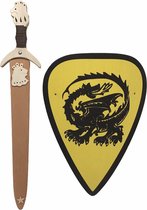 houtenzwaard met schede Leeuw en ridderschild geel met draak kinderzwaard schild houten ridder zwaard
