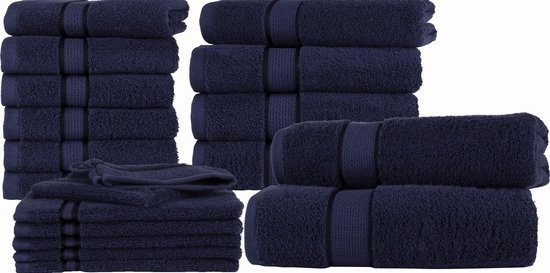 Lot de serviettes Homéé® 18 pièces Ruffle - 2 serviettes de bain, 4 essuie-mains, 6 serviettes invités et 6 gants de toilette - bleu marine - coton peigné 550g. p/m²