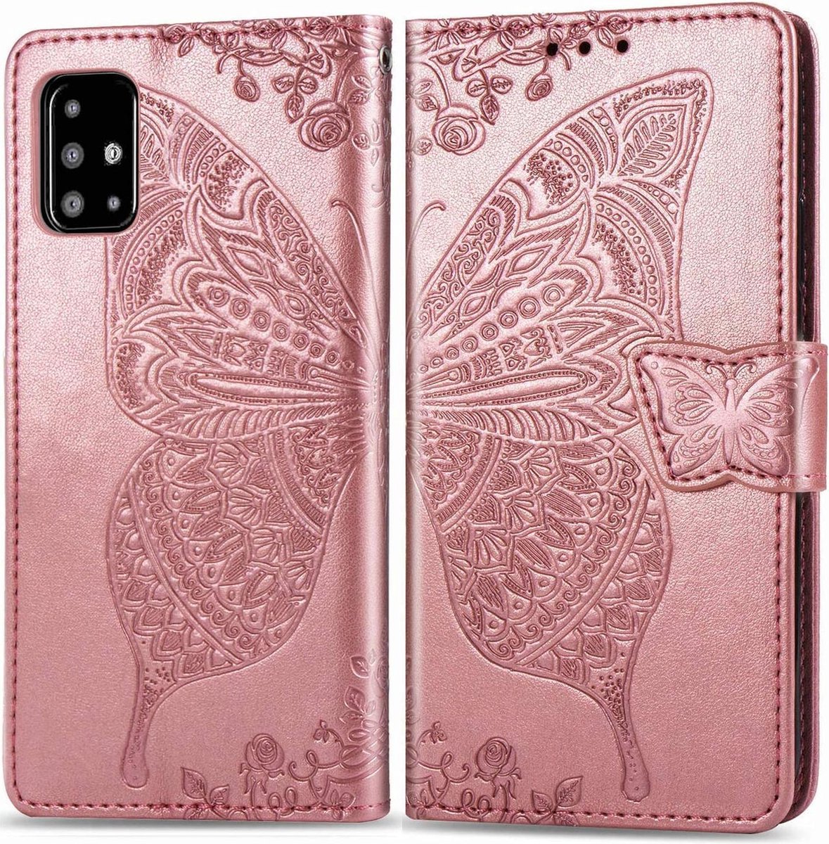 Geschikt voor Samsung Galaxy A41 Bookcase - Roze - Vlinders - Portemonnee Hoesje