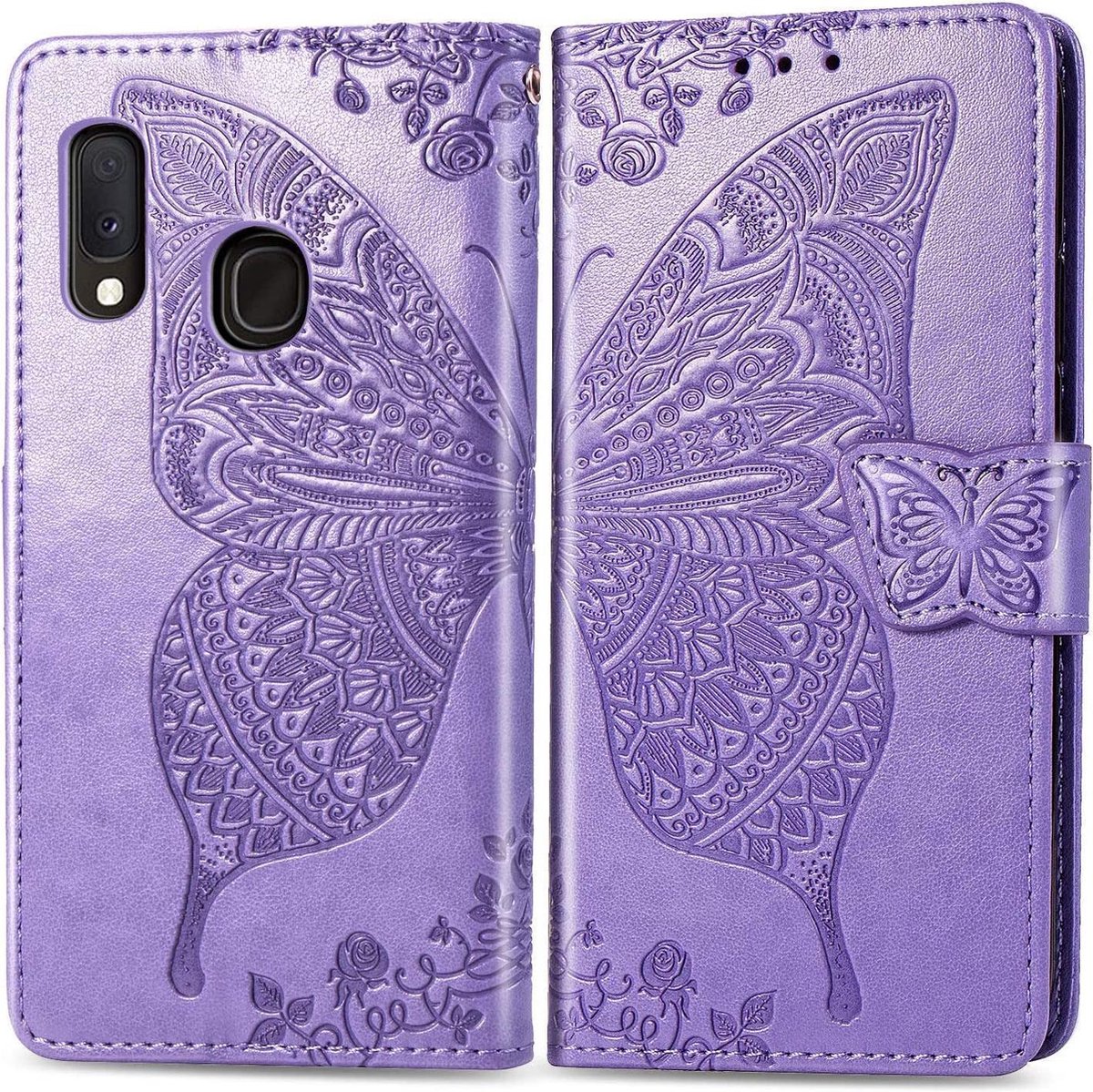 Geschikt voor Samsung Galaxy A40 Bookcase - Paars - Vlinders - Portemonnee Hoesje