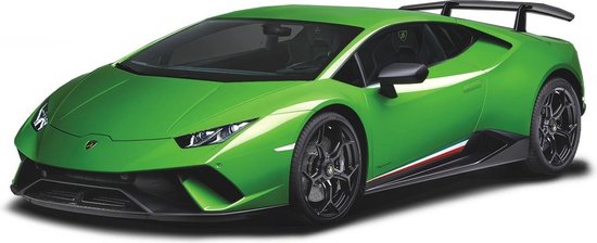Groene metalen modelauto van een Lamborghini Huracan met spoiler en zwarte velgen.