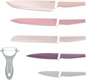 KitchenQueen® Set van 6 stuks inclusief dunschiller - 5X roestvrijstalen keukenmessen en 1x keramische dunschiller - vleesmes broodmes - messenset zwart