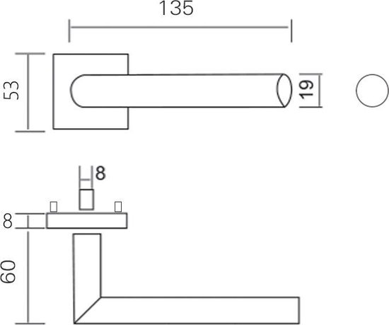 Technische tekening met afmetingen van een matzwarte deurklink en rozetten.