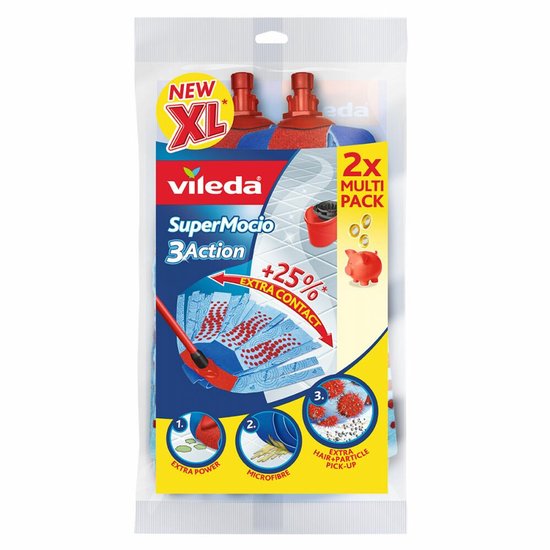 Verpakking Vileda SuperMocio 3Action XL navullingen, 1+1 gratis. Blauw met rode stippen.