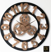LW Collection Wandklok brons 80cm - Houten klok brons met tandwielen - Industriële wandklok