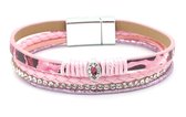 Armband Dames - PU Kunstleer - Panterprint - Lengte 19,5 cm - Roze en Zilverkleurig